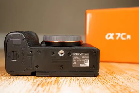 Sony Alpha 7CR Mirrorless Camera Bottom View with Tripod Mount, Battery Com.. Stock Photos