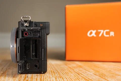 Sony Alpha 7CR Mirrorless Camera Side Panel Showing USB-C, Microphone Input.. Stock Photos