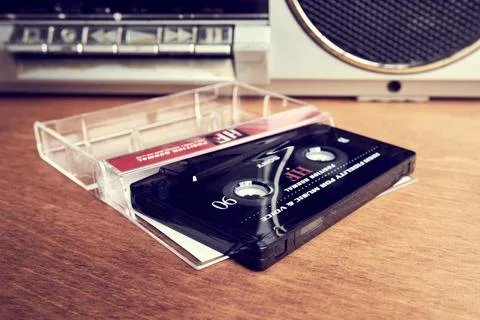 Sony compact cassette on the table next to the tape recorder Stock Photos