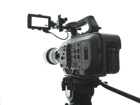 Sony FX9 digital cinema camera against white backdrop Stock Photos