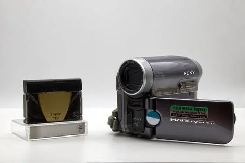 Sony Handycam DCR-HC90E with Mini DV cassette. Vintage Technology Stock Photos