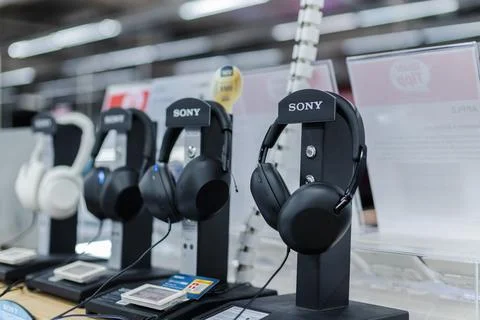 Sony Headphone Display at Electronics Retail Counter Stock Photos