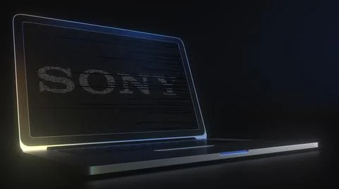 SONY logo made with computer code on the laptop screen. Editorial conceptual 3d 库存插图