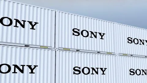 Sony logo Ship container with element logo and flag Stock Photos