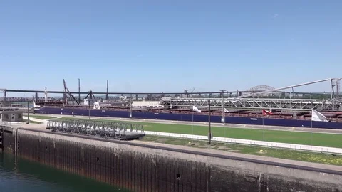 Soo Locks MI/USA August 2019: Slow Pan of the 740 foot freighter Algoma Equinox Stock Footage 124166495