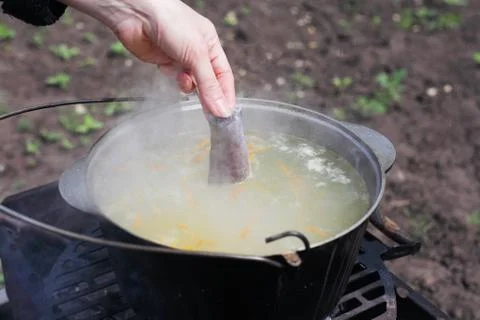 Сooking fish soup on the fire Stock Photos