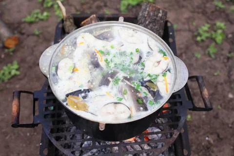 Сooking fish soup on the fire Stock Photos