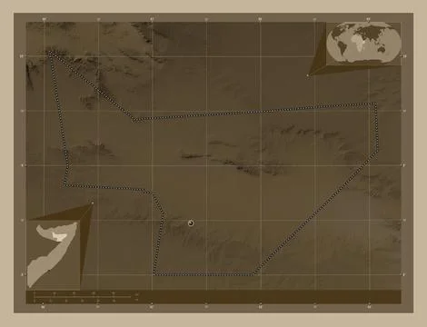 Sool, Somalia. Elevation map colored in sepia tones with lakes and rivers イラスト素材