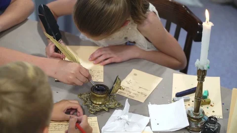 Soon to school. Concept of teaching children how to write. Ink and pen. Children Stock-Footage 79051333