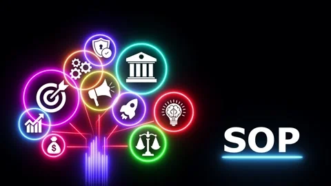 Sop acronym neon glow tree icons for standard operating procedure on black. 動画素材 335602920