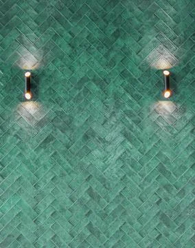 Sophisticated Bathroom or Kitchen Wall with Green Tiles and Brass Lamps 库存照片