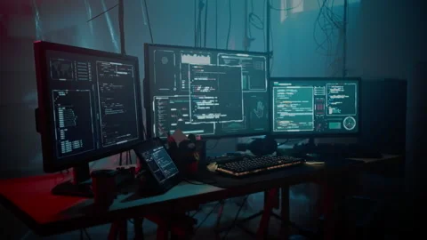 Sophisticated computer setup with monitors arranging on desk Stock Footage 257385314