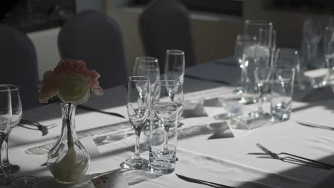 Sophisticated Dining Arrangement Scene, Chic Banquet Table With Floral Stock Footage 323773253
