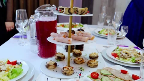 Sophisticated event catering display featuring gourmet appetizers, stuffed Stock Footage 331463987