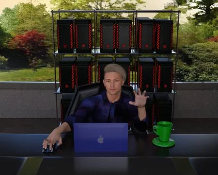 Sophisticated hacker at desk with cracker rig behind him 스톡 일러스트