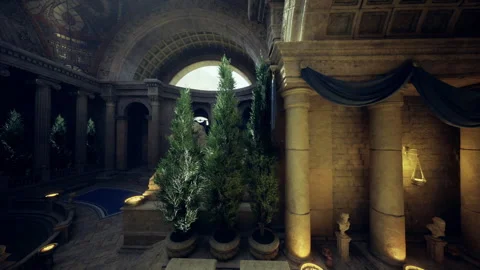 Sophisticated reception area featuring sculptures and subtle lighting design Stock Footage 341833128