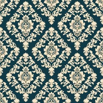 Sophisticated seamless damask pattern featuring ornate beige floral Stock Illustration