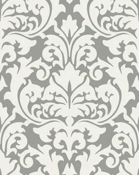 Sophisticated seamless damask pattern in gray and white with detailed floral and Stock Illustration