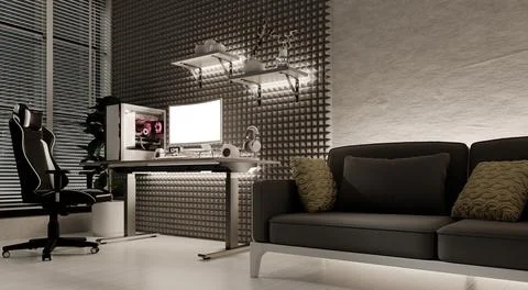 Sophisticated streaming room with gaming setup and stylish seating. 3D render Stock Illustration