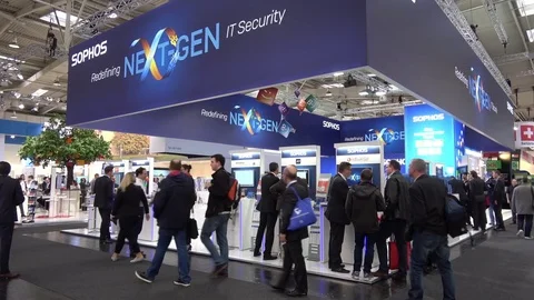 Sophos Next-gen ceber security company stand interior on exhibition Cebit 2017 Stock Footage 74110592