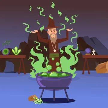 Sorcerer casting a spell, vector illustration. Evil wizard cartoon character Stock Illustration