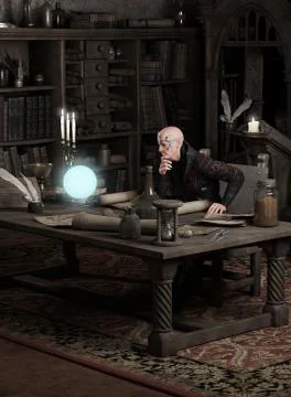 Sorcerer Consulting a Magic Orb Stock Illustration