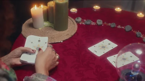 Sorcerer Doing Tarot Layout during Future Prediction Session Stock Footage 253181424
