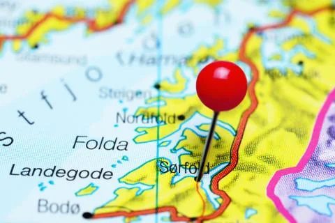 Sorfold pinned on a map of Norway Stock Photos