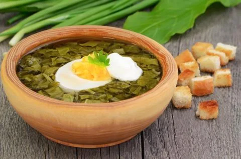 Sorrel soup with egg Foto stock