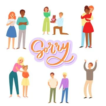 Sorry and apologizing, exuse me cartoon characters of adults and children vector Illustrazione stock