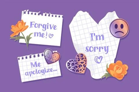 Sorry sign. Notes with apologies and flowers. Collage, torn sheets, notebook Stock Illustration