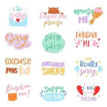 Sorry text vector excuse lettering design forgiveness message apologize Stock Illustration