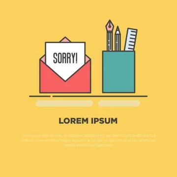 'Sorry' written in envelope with pen and pencils near. Stock Illustration