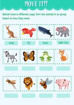 Sort the animal into the group based on how they move worksheet for kindergar Stock Illustration