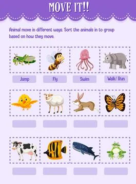 Sort the animal into the group based on how they move worksheet for kindergar Stock Illustration