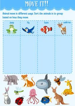 Sort the animal into the group based on how they move worksheet for kindergar Stock Illustration