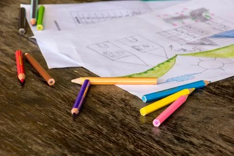 Sort crayons flooring surfaces, bright colors, red, yellow, black, orange and Stock Photos