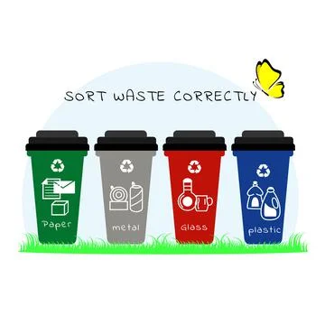 Sort trash correctly into the correct trash cans. Paper, glass, metal, plastic Ilustración de archivo