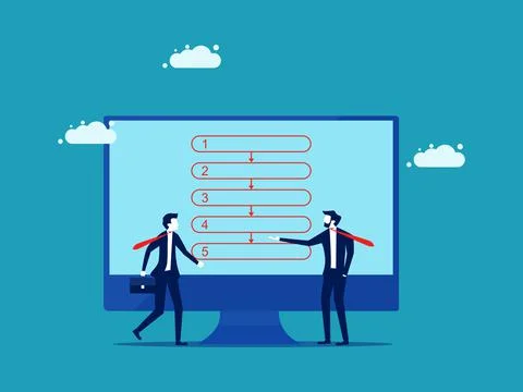 Sort the workflow. A businessman presents a sorted business outline on the mo Stock Illustration