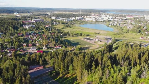 Sortavala town Stadium, Lake, River (Republic of Karelia, Russia) aerial view Stock Footage 137395301