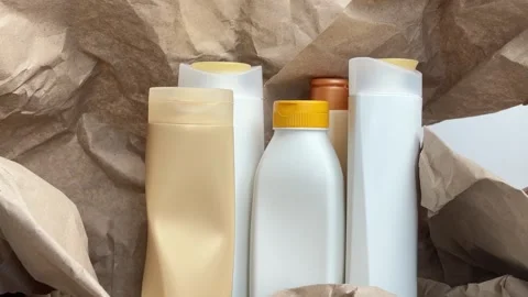 Sorted cosmetic packaging in a recycled paper wrap Stock Footage 336966692