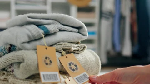 Sorted material, Active woman sorts products materials Caring person Touches Stock Footage 233530980