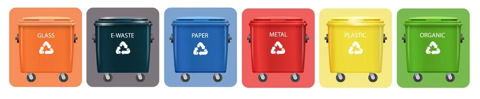 Sorted recycling containers set with yellow, blue, and red bins. Vector Stock Illustration