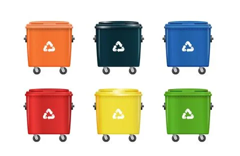 Sorted recycling containers set with yellow, blue, and red bins. Vector Stock Illustration