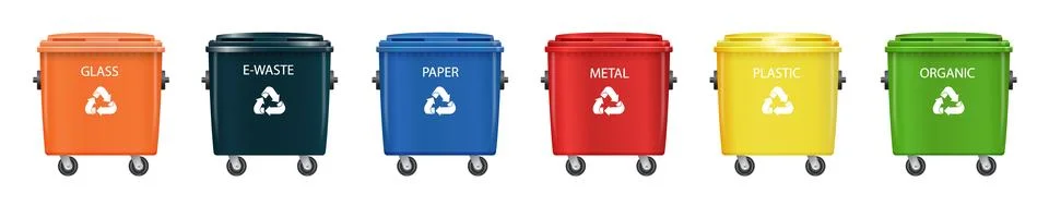Sorted recycling containers set with yellow, blue, and red bins. Vector Stock Illustration