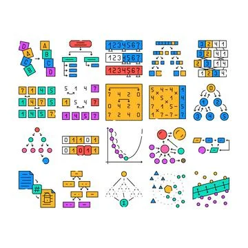 Sorting algorithm data filter icons set vector Stock Illustration