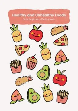 Sorting and circle healthy and unhealthy worksheet printable for kids education Stock Illustration