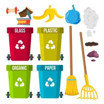 Sorting And Cleaning Garbage Vector. Recycle Bins. Separation. Dump. Ecological Stock Illustration