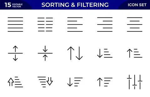 Sorting and filtering related linear icons on white background. Templates o.. Illustrazione stock