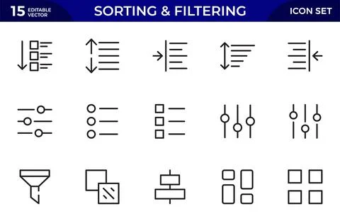 Sorting and filtering related linear icons on white background. Templates o.. Illustrazione stock